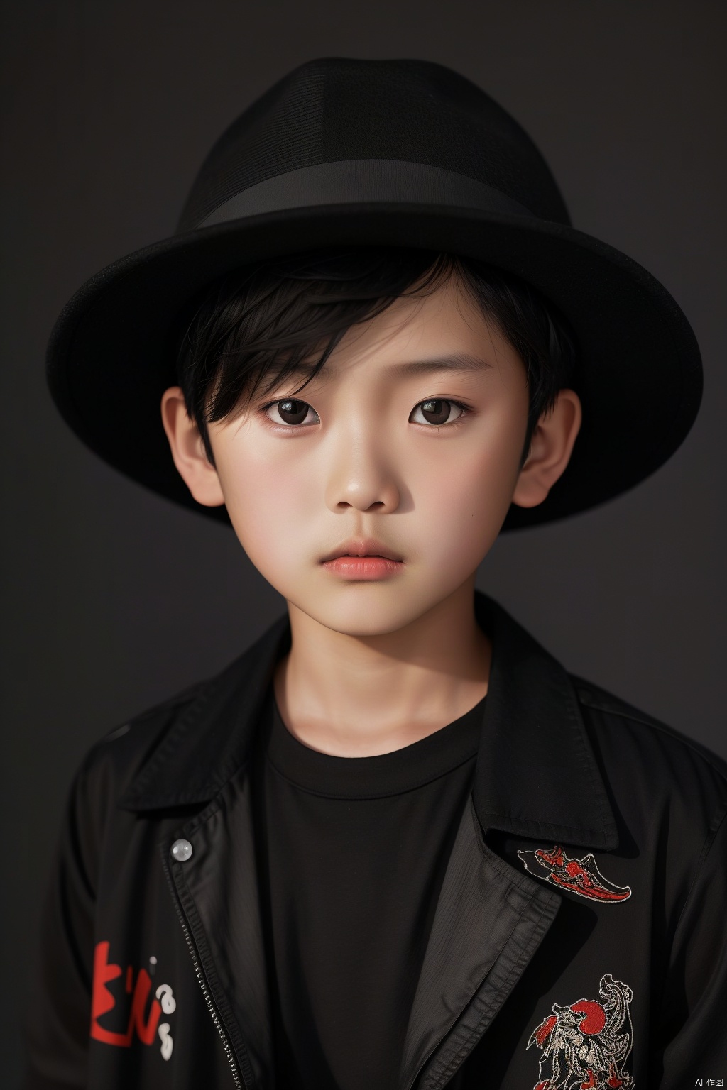  solo, looking at viewer, short hair, shirt, black hair, 1boy, hat, brown eyes, jacket, upper body, male focus, black eyes, black shirt, black headwear, red background, realistic, print shirt, Real light and shadow