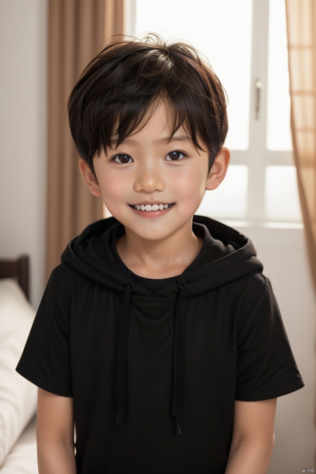 solo, looking at viewer, smile, short hair, brown hair, shirt, black hair, 1boy, brown eyes, short sleeves, male focus, teeth, indoors, hood, grin, blurry, window, bed, curtains, child, realistic, male child