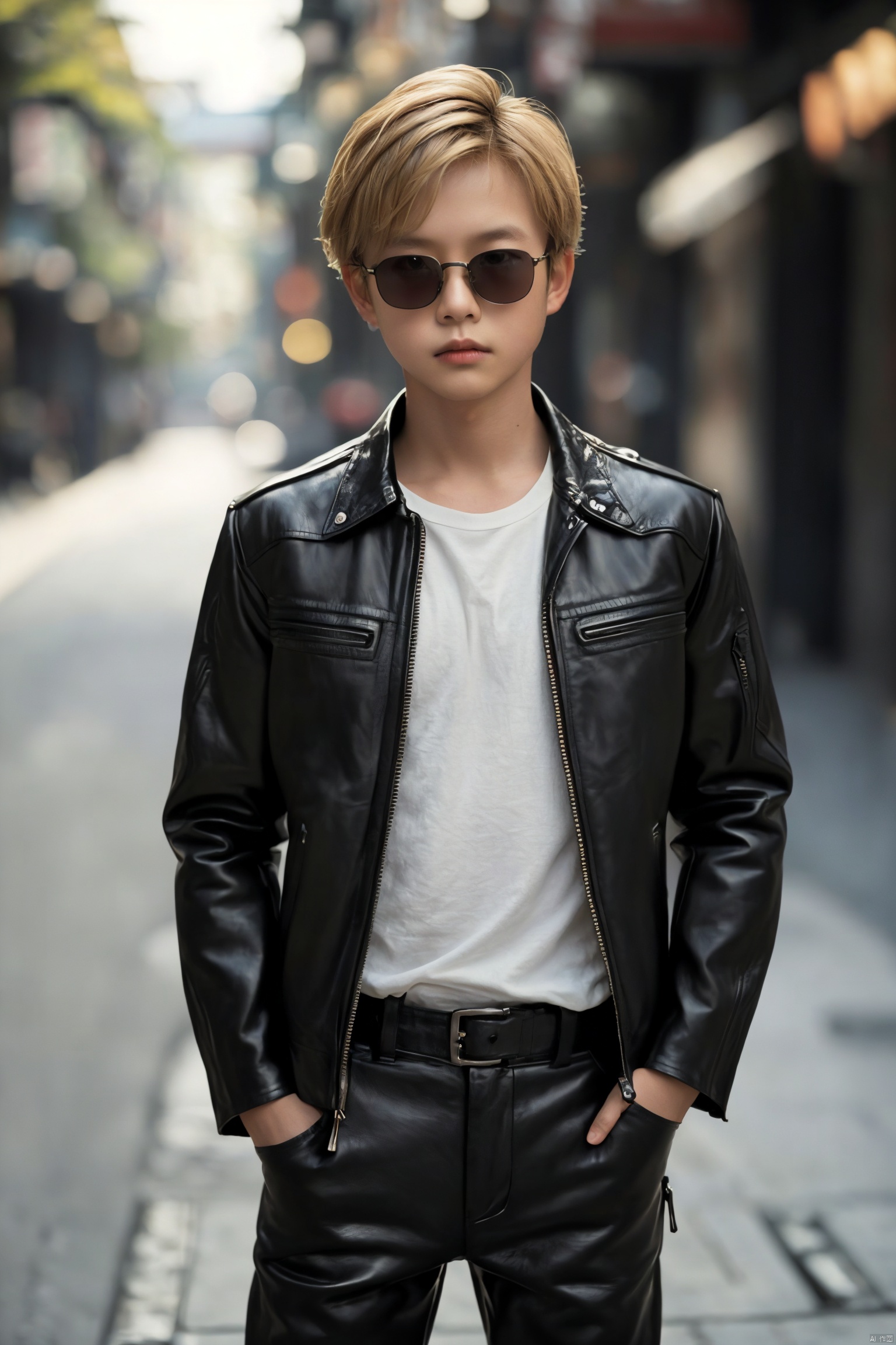  solo, looking at viewer, short hair, blonde hair, shirt, long sleeves, 1boy, closed mouth, standing, jacket, male focus, cowboy shot, outdoors, pants, blurry, open jacket, black jacket, black shirt, depth of field, blurry background, black pants, sunglasses, realistic, hands in pockets, leather, bokeh, leather jacket
