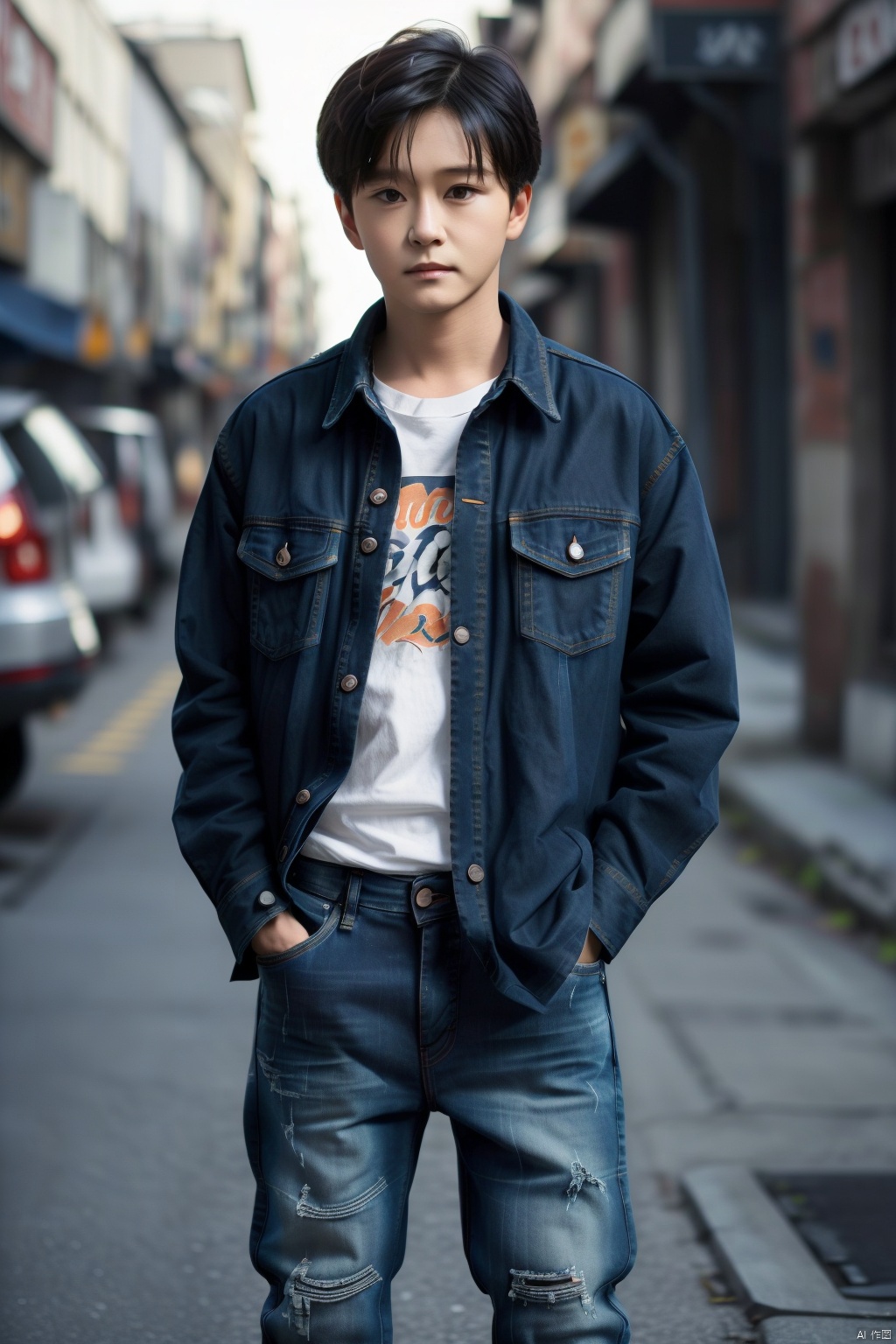 solo, shirt, black hair, 1boy, jacket, male focus, pants, blurry, plaid, denim, jeans, realistic, hands in pockets, plaid shirt