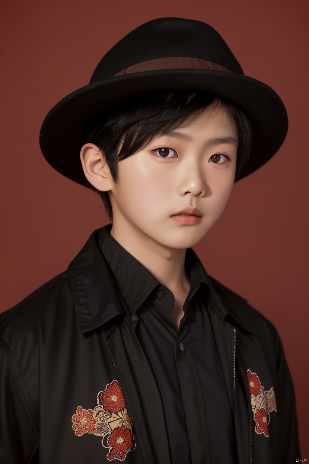 solo, looking at viewer, short hair, shirt, black hair, 1boy, hat, brown eyes, jacket, upper body, male focus, black eyes, black shirt, black headwear, red background, realistic, print shirt