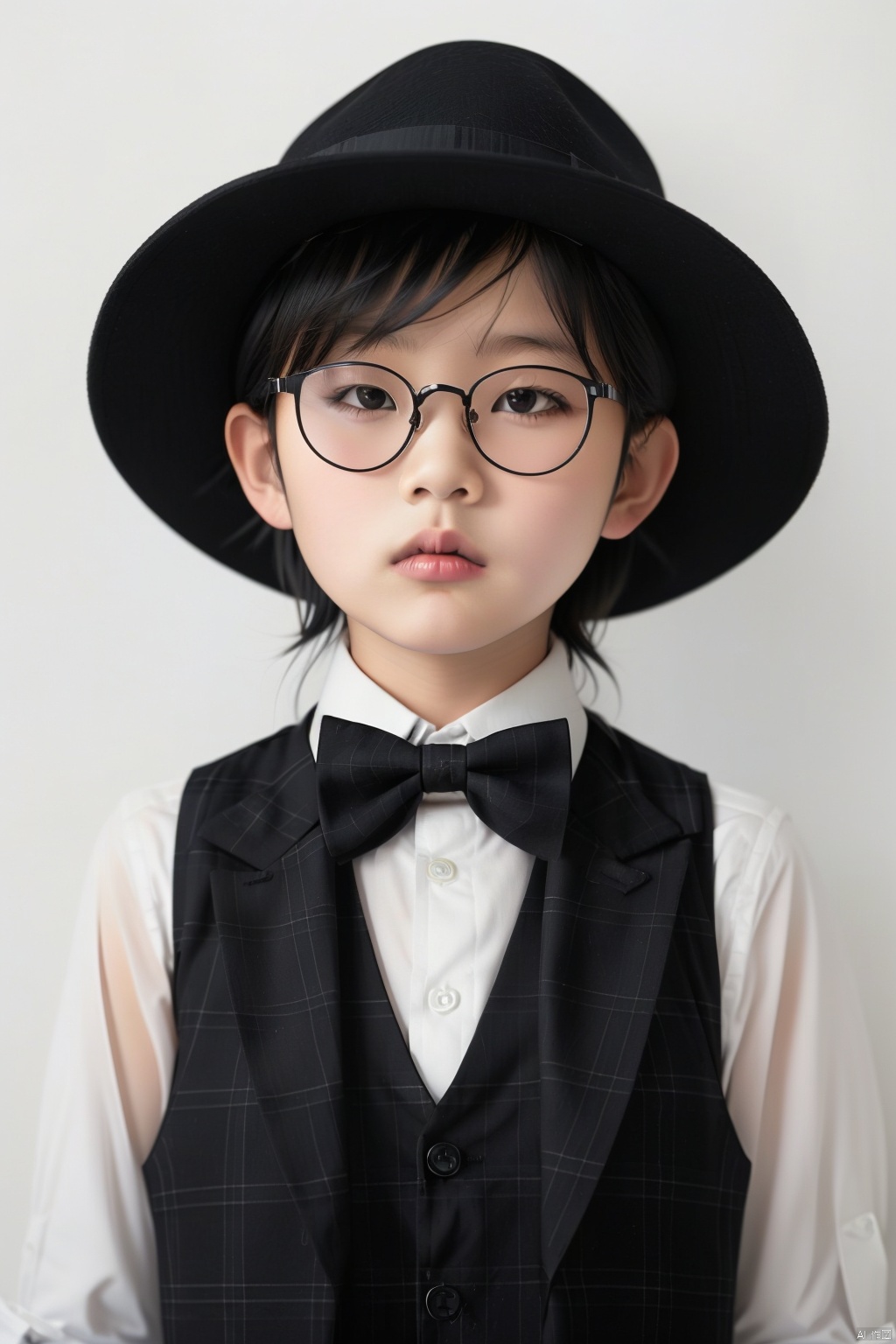 1girl, solo, looking at viewer, short hair, shirt, black hair, hat, bow, white shirt, upper body, glasses, collared shirt, bowtie, vest, lips, plaid, black headwear, black bow, black-framed eyewear, black vest, black bowtie, realistic