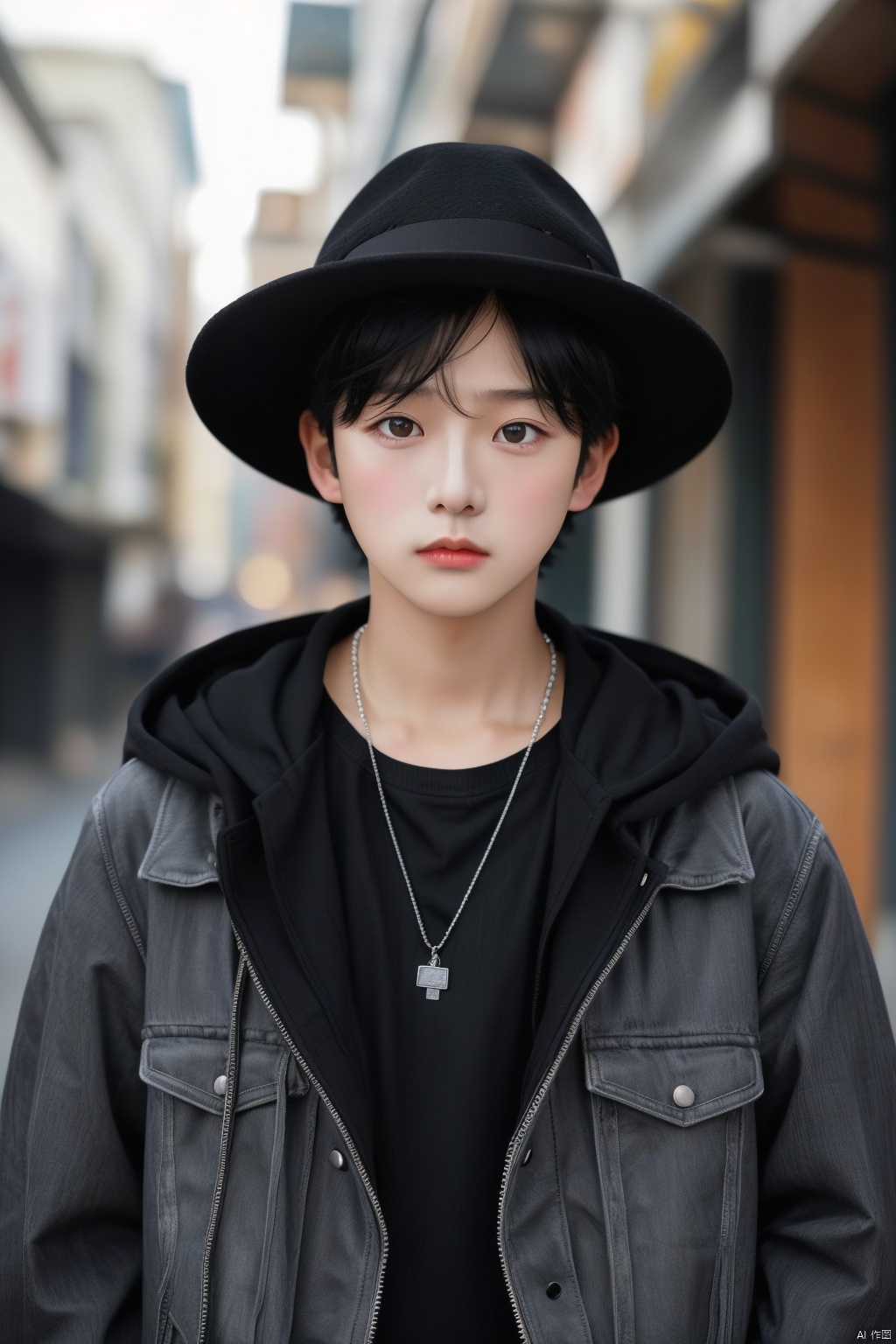 solo, looking at viewer, black hair, 1boy, hat, jewelry, jacket, upper body, male focus, hood, necklace, blurry, black eyes, realistic