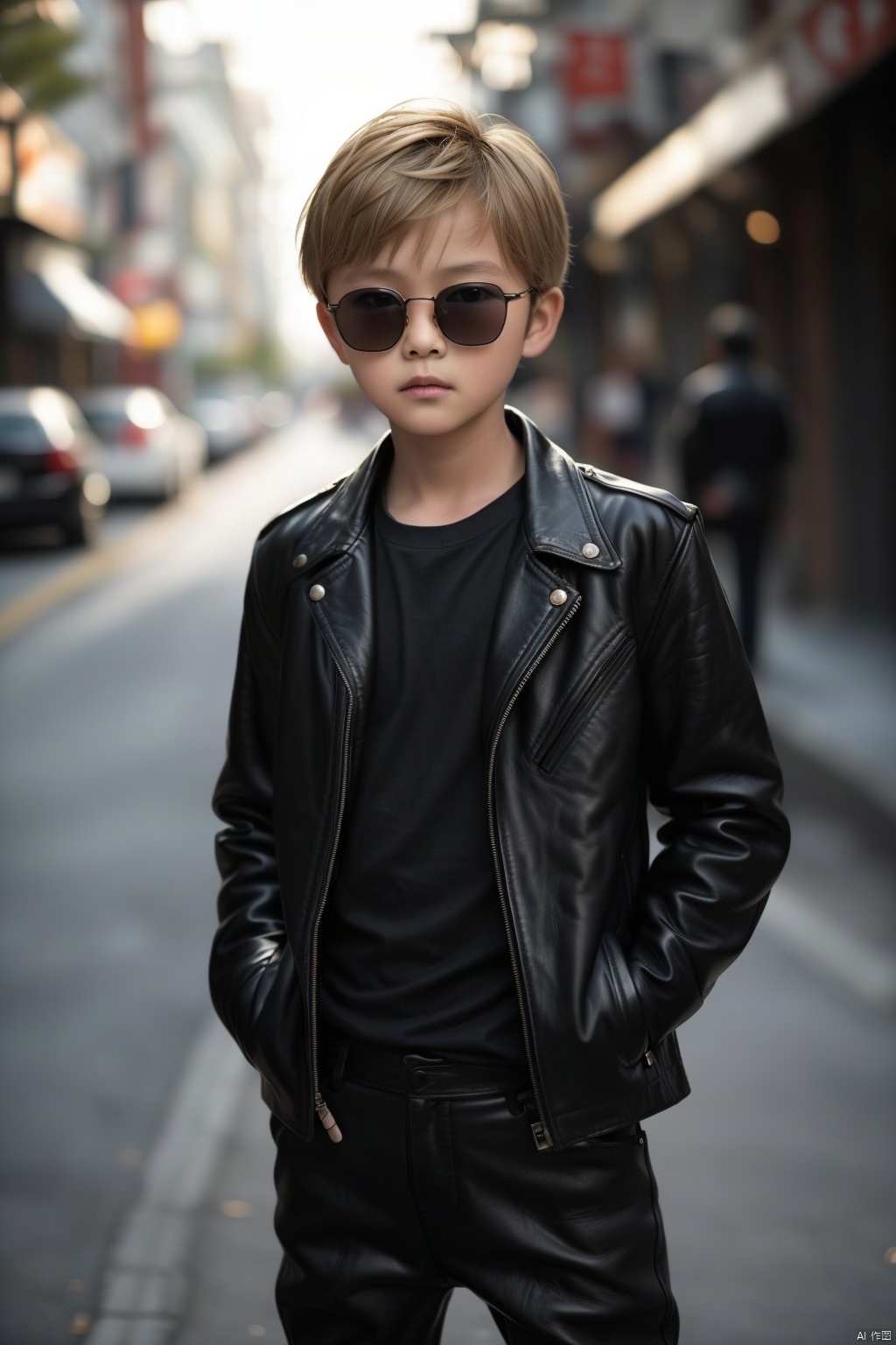 Photo, 10 year old, single, looking at the audience, short hair, blonde hair, shirt, long sleeve, 1 boy, Shut up, Standing up, Jacket, Male Focus, Cowboy shot, Outdoor, Pants, HD, Open Jacket, Black Jacket, Black Shirt, Depth of Field, Blurred Background, Black Pants, Sunglasses, Realistic, Hands in Pockets, Leather, Bokeh, Leather Jacket, Professional Photography, True,