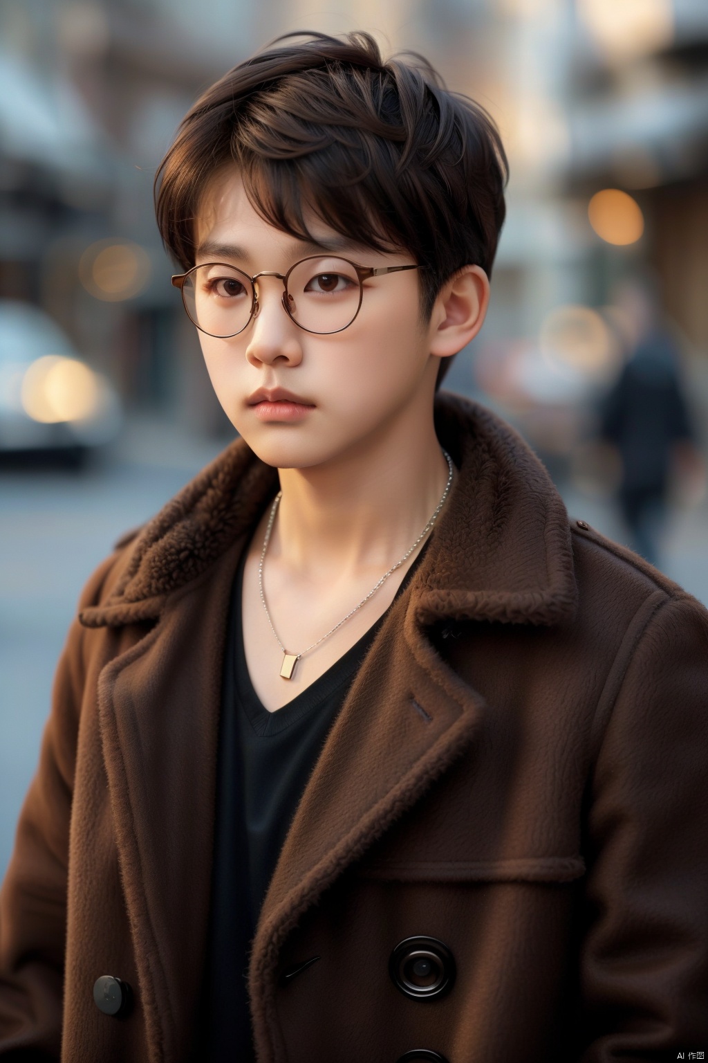solo, short hair, brown hair, black hair, 1boy, upper body, male focus, glasses, necklace, blurry, lips, coat, blurry background, realistic, brown coat