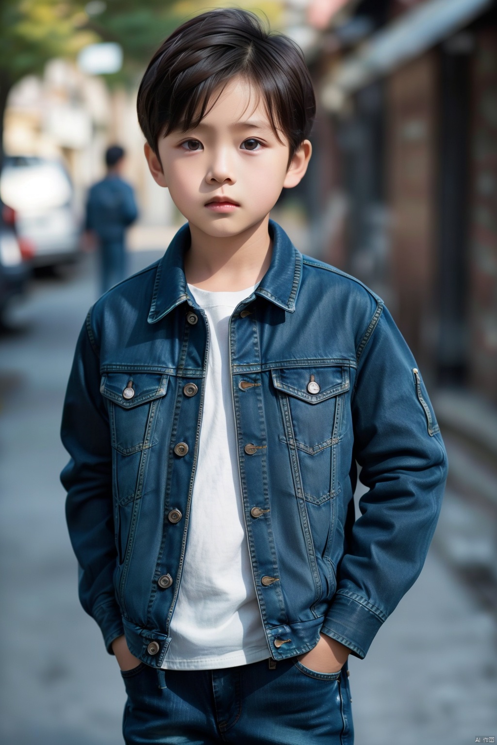 solo, looking at viewer, short hair, brown hair, shirt, black hair, long sleeves, 1boy, closed mouth, jacket, upper body, male focus, outdoors, blurry, black eyes, depth of field, blurry background, denim, blue jacket, child, realistic, hands in pockets, male child, denim jacket