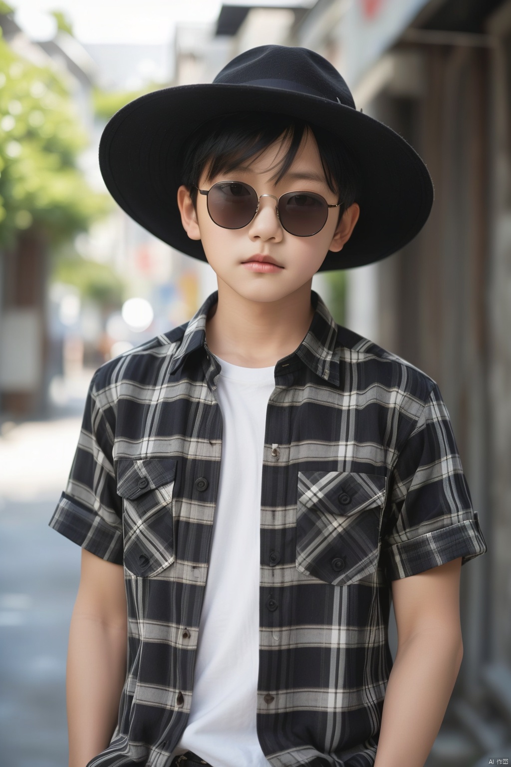 solo, looking at viewer, shirt, black hair, 1boy, hat, white shirt, upper body, short sleeves, male focus, outdoors, day, blurry, plaid, blurry background, sunglasses, realistic, plaid shirt