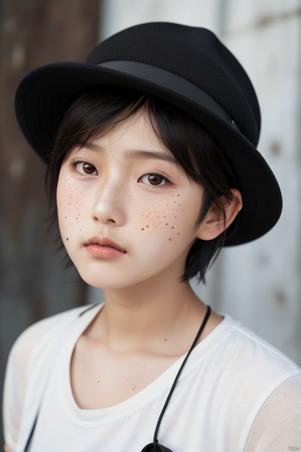 1girl, solo, looking at viewer, short hair, shirt, black hair, hat, brown eyes, mole, black eyes, lips, black headwear, portrait, freckles, realistic