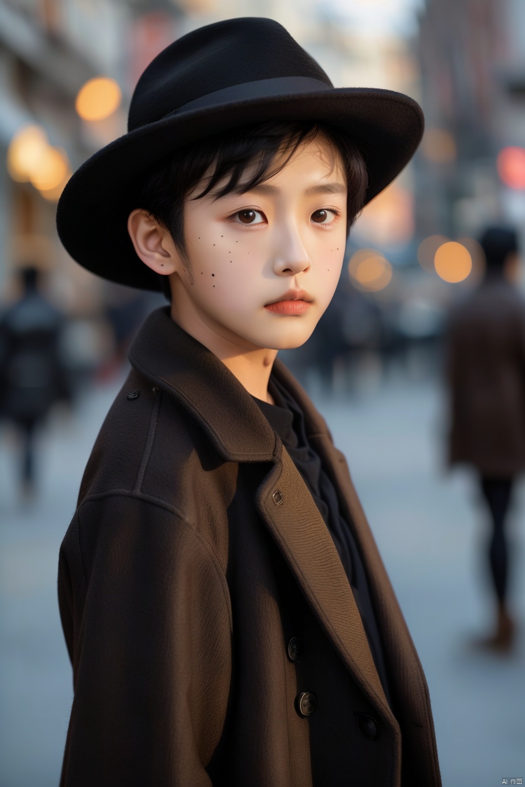 solo, looking at viewer, shirt, black hair, 1boy, hat, jacket, upper body, male focus, mole, blurry, black eyes, coat, blurry background, realistic, brown coat