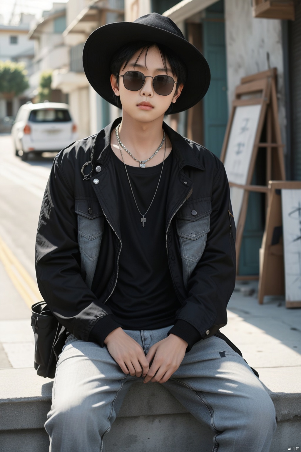 solo, shirt, black hair, 1boy, hat, jewelry, sitting, jacket, male focus, outdoors, day, pants, necklace, blurry, sunglasses, ground vehicle, building, motor vehicle, realistic