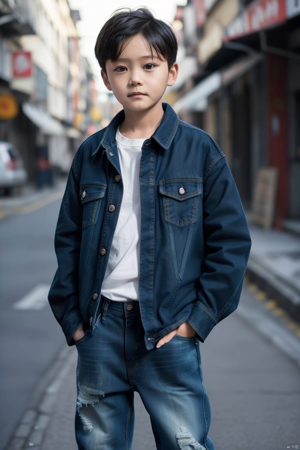Real,photo,10-year-oldchild, solo, shirt, black hair, 1boy, jacket, male focus, pants, blurry, plaid, denim, jeans, realistic, hands in pockets, plaid shirt