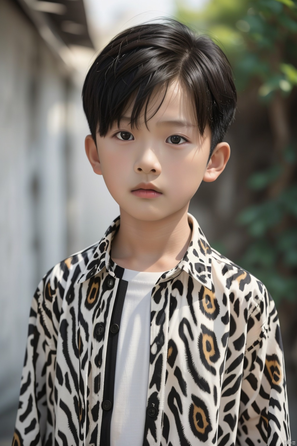 10 year old boy, Photo, Real, Masterpiece, best quality, Single, short hair, shirt, black hair, Long sleeve, 1boy, white shirt, Upper body, Male Focus, Outdoor, Daytime, HD, Black eyes, Depth of Field, animal print, Realistic, printed shirt