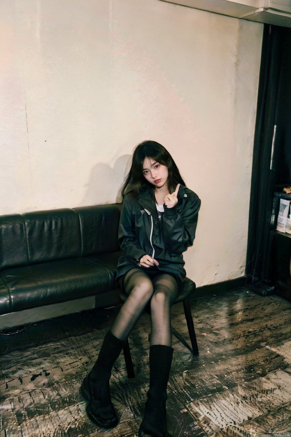  A beautiful woman with a height of 176 cm is sitting in socks. She is slender and her socks are solid color pile socks,black pantyhose, takei film, hand101