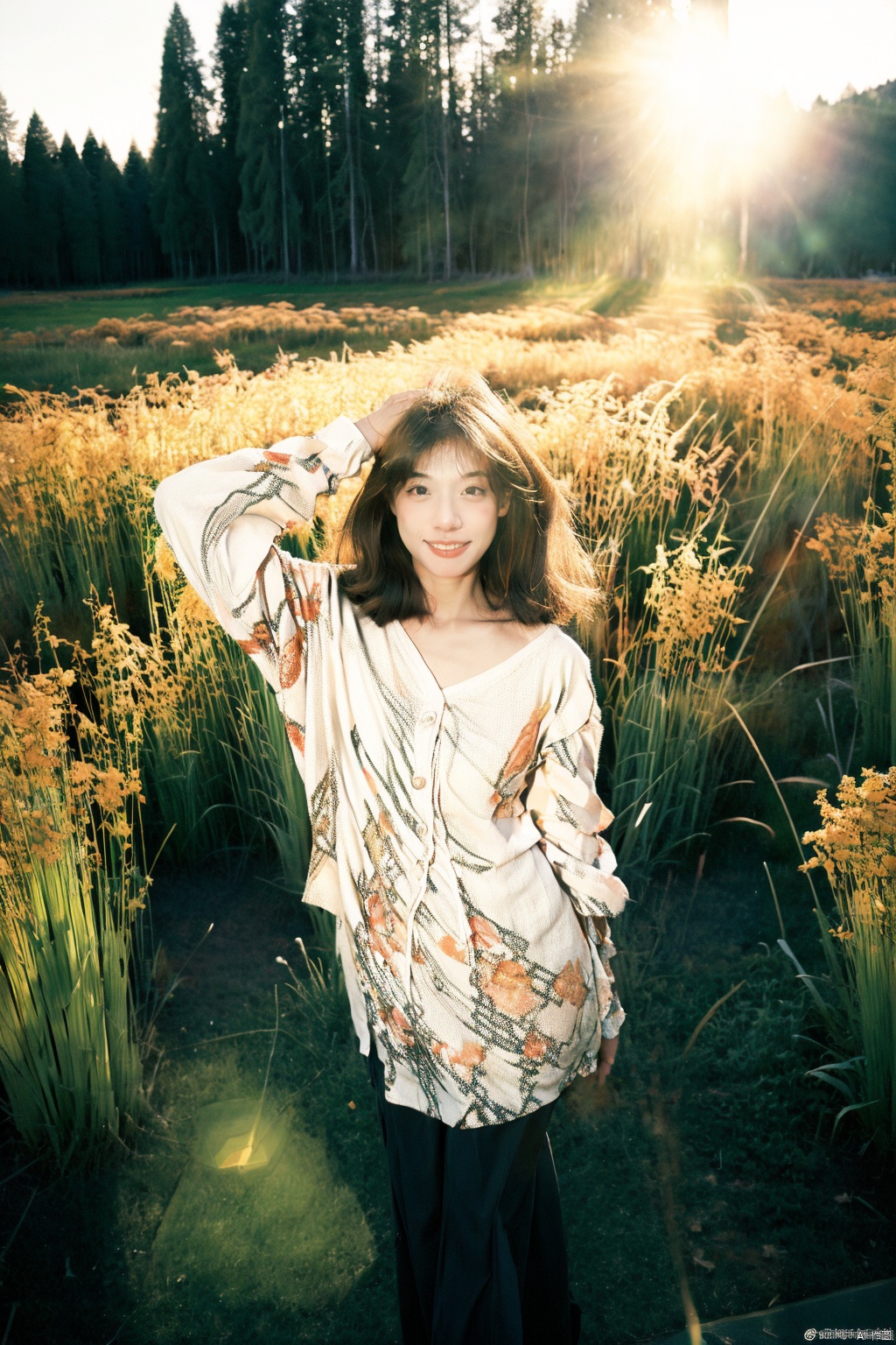  A young girl, with a mischievous grin on her face, is captured as she plays in a field of wildflowers. The flowers are in full bloom, creating a riot of color. The image is shot using a fish-eye lens, giving the scene a distorted, dreamlike quality. The image is inspired by the works of David Hockney, with its playful, vibrant energy.,WuLight
