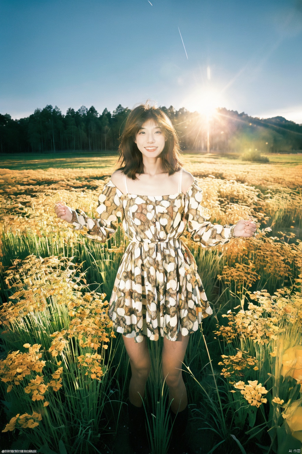  A young girl, with a mischievous grin on her face, is captured as she plays in a field of wildflowers. The flowers are in full bloom, creating a riot of color. The image is shot using a fish-eye lens, giving the scene a distorted, dreamlike quality. The image is inspired by the works of David Hockney, with its playful, vibrant energy.,WuLight