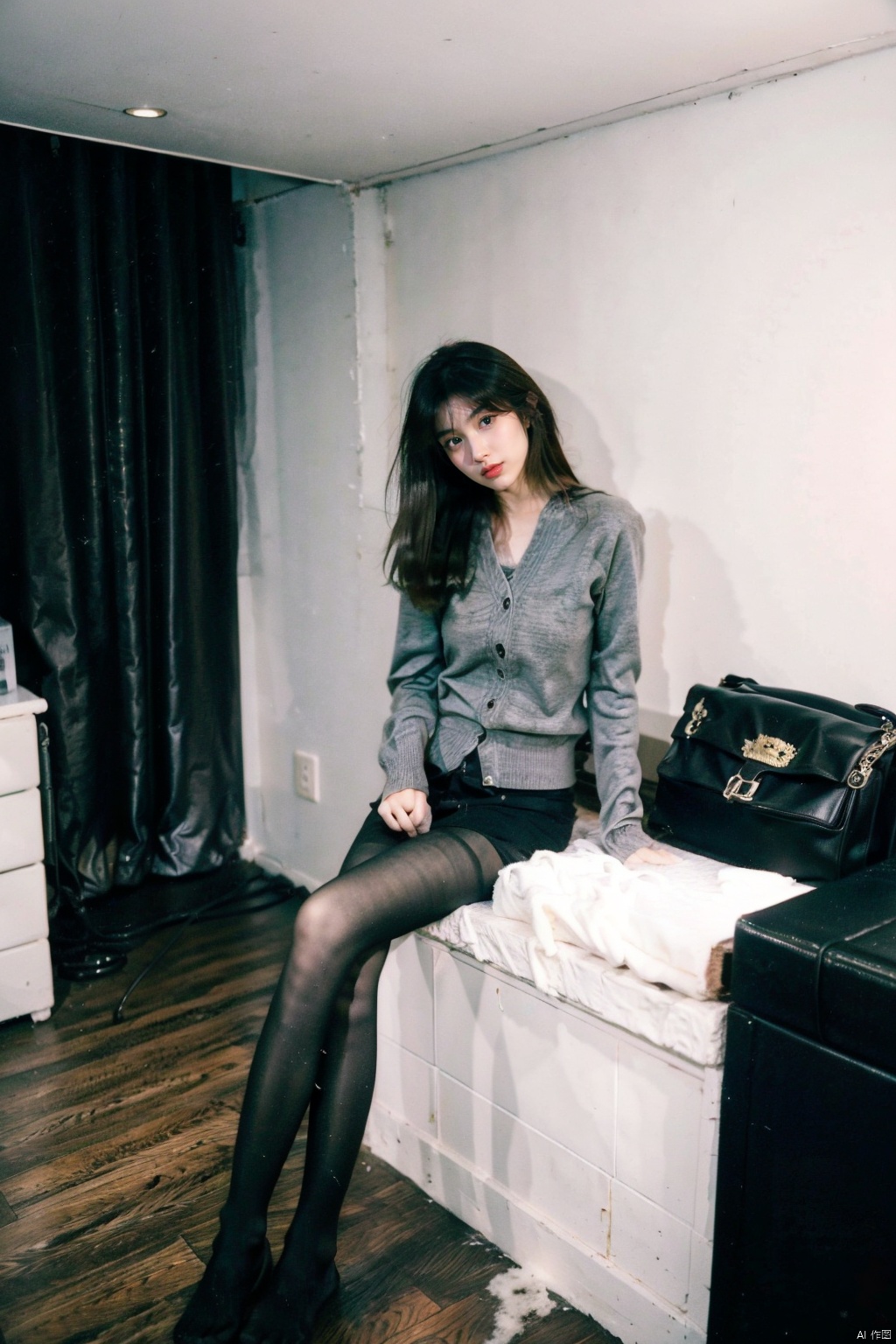  A beautiful woman with a height of 176 cm is sitting in socks. She is slender and her socks are solid color pile socks,black pantyhose, takei film