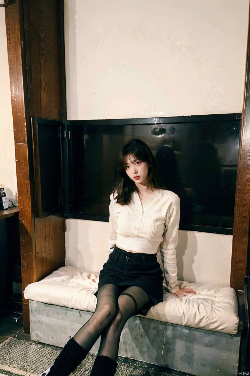  A beautiful woman with a height of 176 cm is sitting in socks. She is slender and her socks are solid color pile socks,black pantyhose, takei film