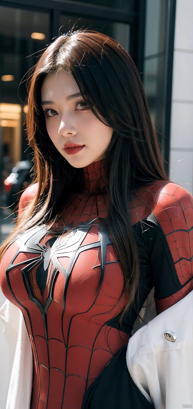  Beautiful woman detailed defined body using spider man cosplay, big breasts