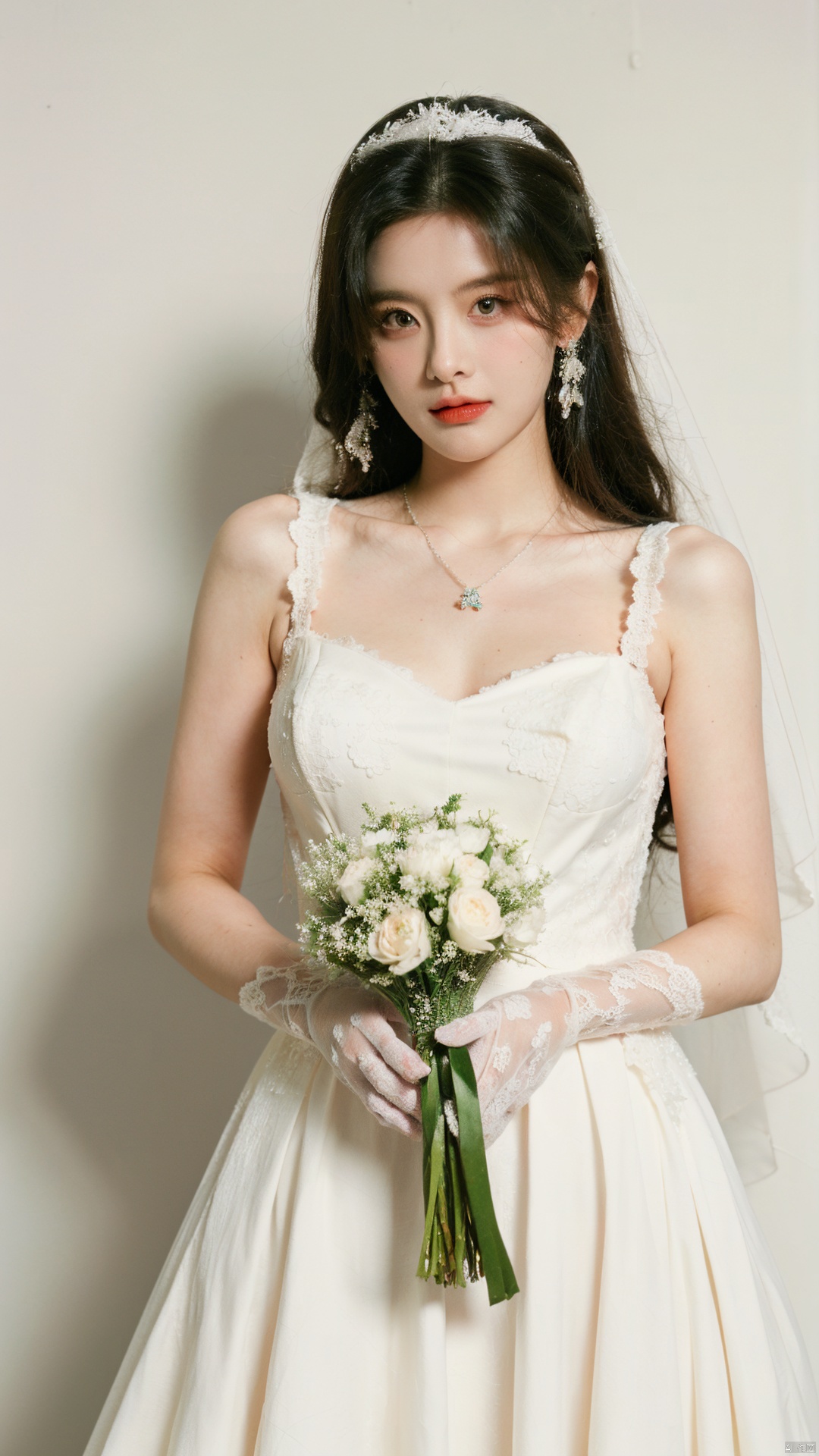  (beautiful, best quality, high quality, masterpiece:1.3)
,solo, solo focus,
huge breasts,Oval face, Water snake waist, big tits,big eye,
(green lace wedding dress:1.39), veil, wedding gloves, holding flowers,Crystal Earring, Crystal Necklace,
(no background),18yo girl, 1girl, nana, liuyan