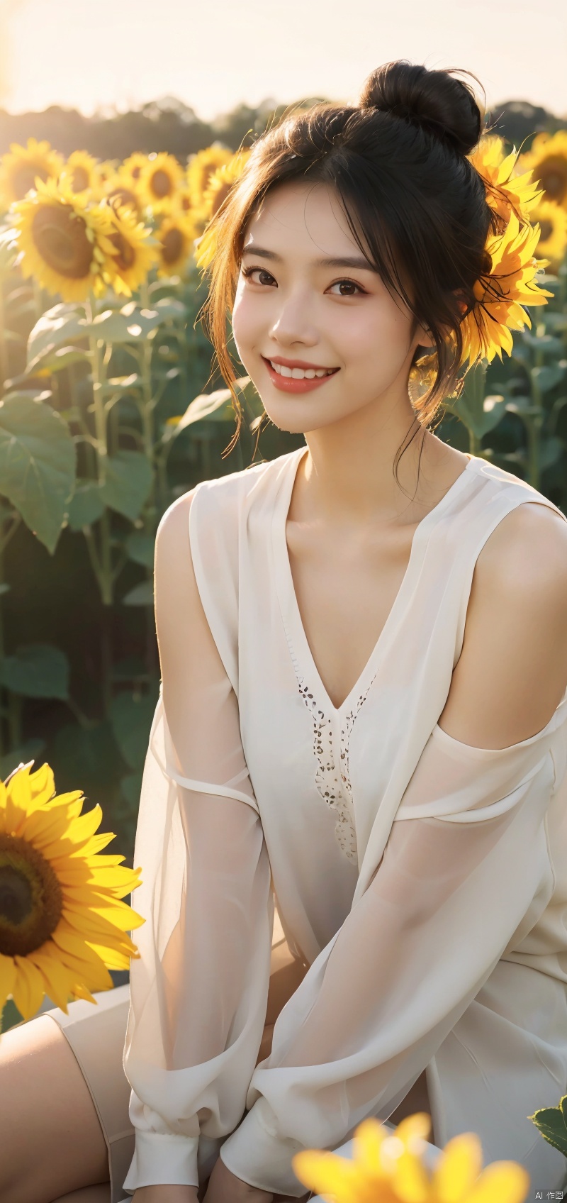  (masterpiece:1.2),(best quality:1.2),(high resolution:1.2)
 
CyberPanam, 1girl, solo, black hair, brown eyes, single hair bun, sitting in a sunflower field, smiling, sunlight