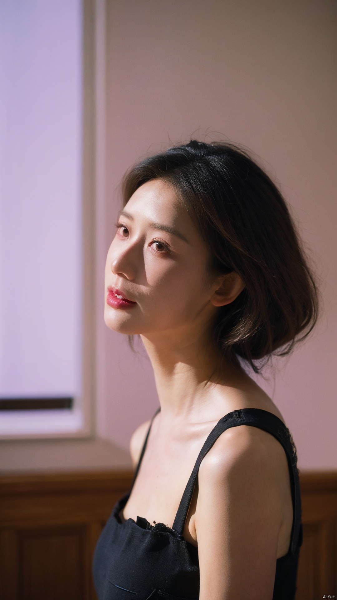 1girl,solo,black hair,realistic, Short Hair, lips, Black Dress,(indoors:1.1),(Light pollution,pink light,blue light:1.1), Upper Body