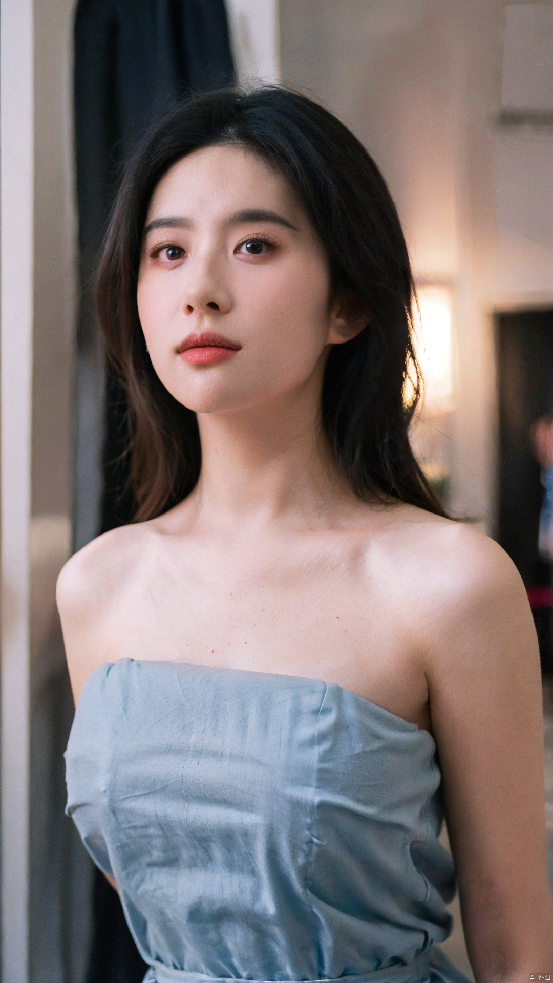 1girl,solo,black hair,realistic, Short Hair, lips, Black Dress,(indoors:1.1),(Light pollution,pink light,blue light:1.1), Upper Body