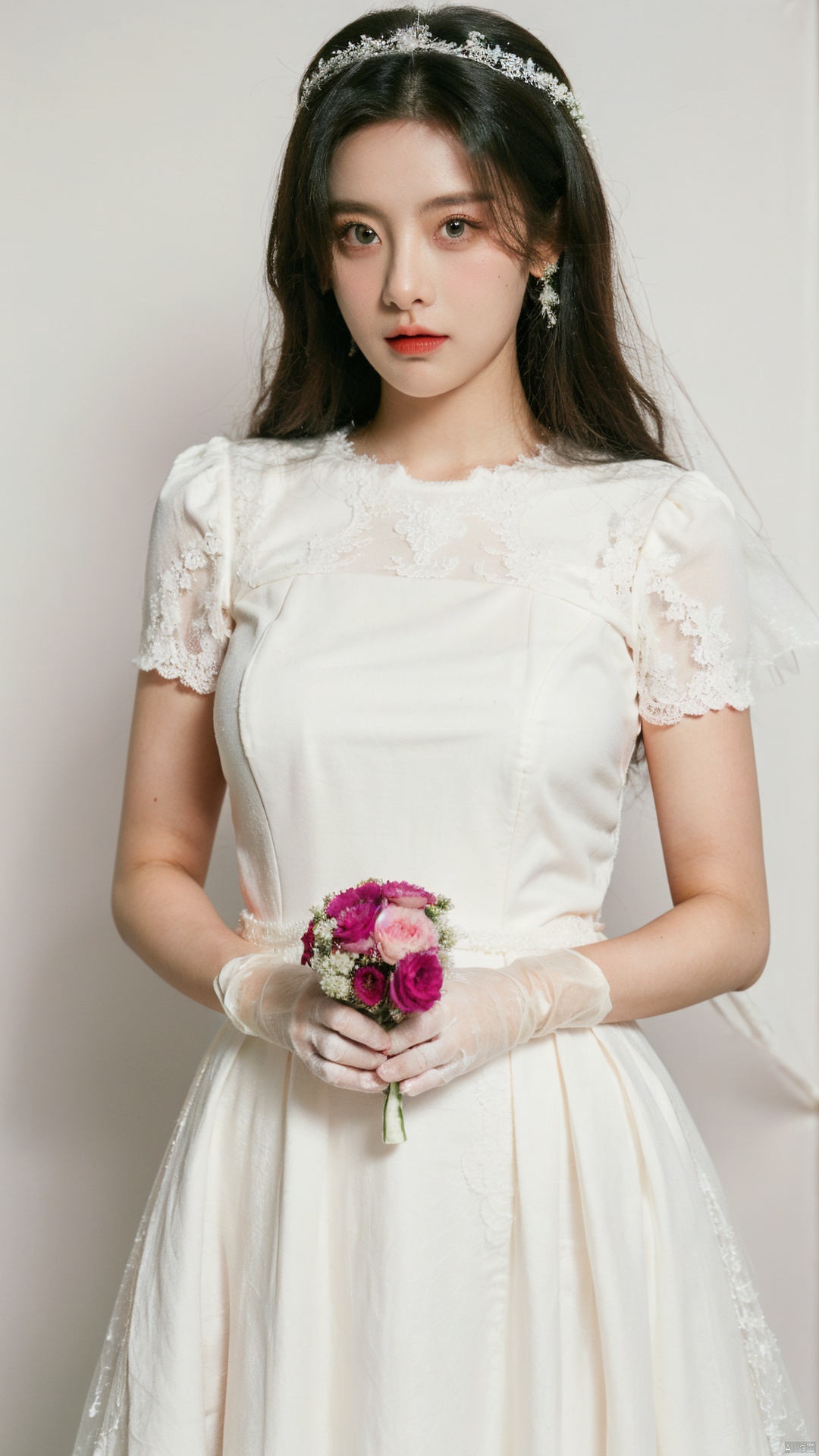  (beautiful, best quality, high quality, masterpiece:1.3)
,solo, solo focus,
huge breasts,Oval face, Water snake waist, big tits,big eye,
(green lace wedding dress:1.39), veil, wedding gloves, holding flowers,Crystal Earring, Crystal Necklace,
(no background),18yo girl, 1girl, nana, liuyan
