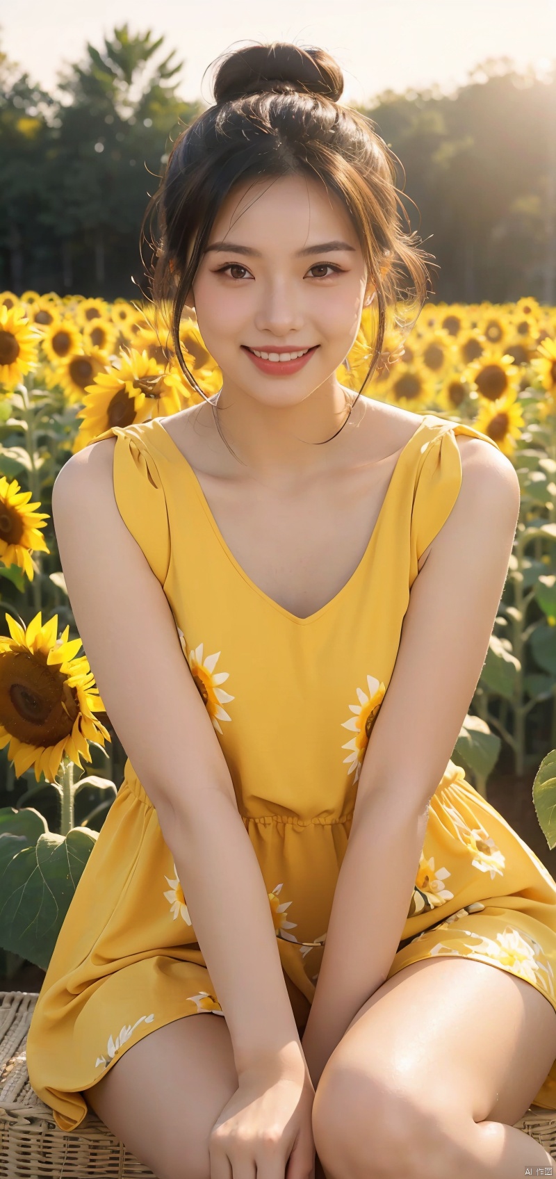  (masterpiece:1.2),(best quality:1.2),(high resolution:1.2)
 
CyberPanam, 1girl, solo, black hair, brown eyes, single hair bun, sitting in a sunflower field, smiling, sunlight