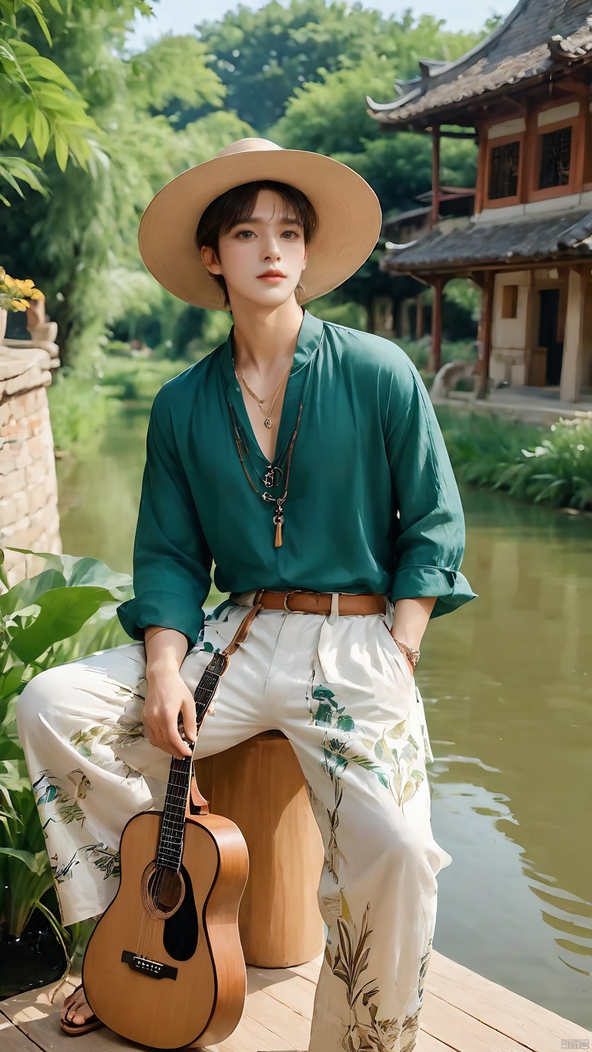 1boy, loose printed pants, flowing shirt, sandals, big brimmed hat, ring, long necklace, woven handbag, guitar, folk music, garden, love for nature, all food store, Renaissance architecture, creek, calligraphy exhibition