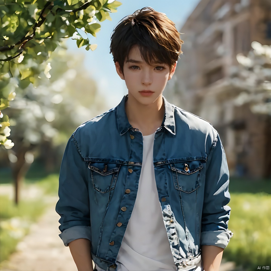 1boy,blurry background,brown eyes,denim,denim jacket,jacket,jeans,lips,standing,(Short hair:1.5),outdoors,realistic,shirt,solo,standing,torn clothes,torn jeans,torn pants