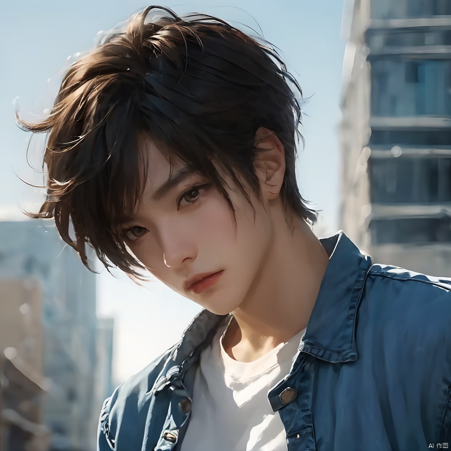 1boy,blurry background,brown eyes,denim,denim jacket,jacket,jeans,lips,standing,Short hair,outdoors,realistic,shirt,solo,standing,torn clothes,torn jeans,torn pants
