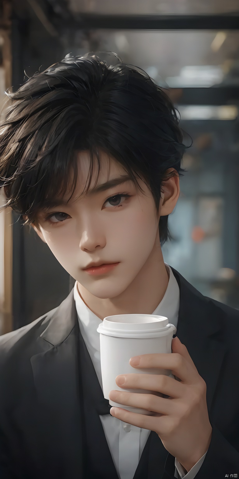 1boy,black hair,blurry background,cup,depth of field,holding,Black Zhongshan suit,indoor,Sitting posture,Holding a cup in hand,Short hair,lips,long sleeves,male focus,realistic,sitting,solo,upper body