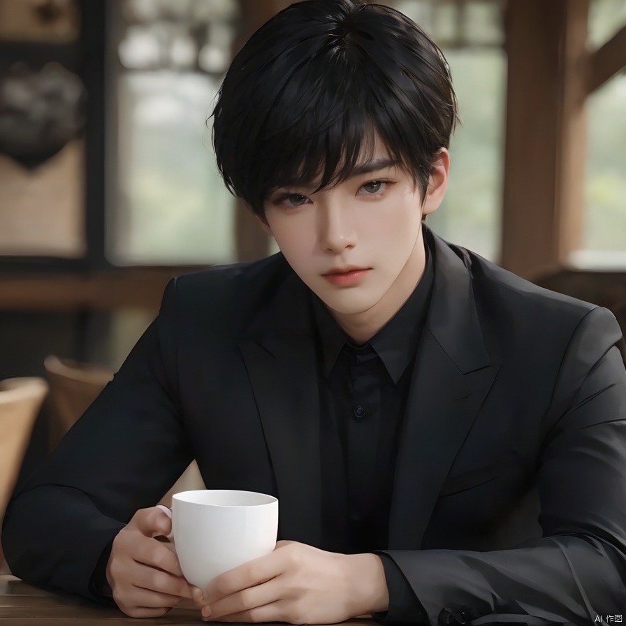 1boy,black hair,blurry background,cup,depth of field,holding,Black Zhongshan suit,indoor,Sitting posture,Holding a cup in hand,Short hair,lips,long sleeves,male focus,realistic,sitting,solo,upper body