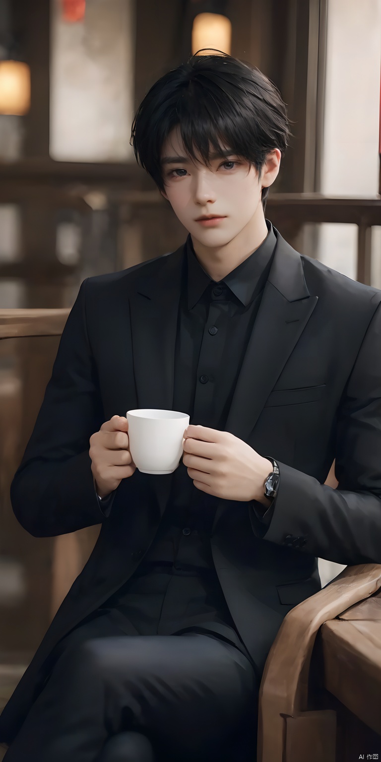 1boy,black hair,blurry background,cup,depth of field,holding,Black Zhongshan suit,indoor,Sitting posture,Holding a cup in hand,Short hair,lips,long sleeves,male focus,realistic,sitting,solo,upper body