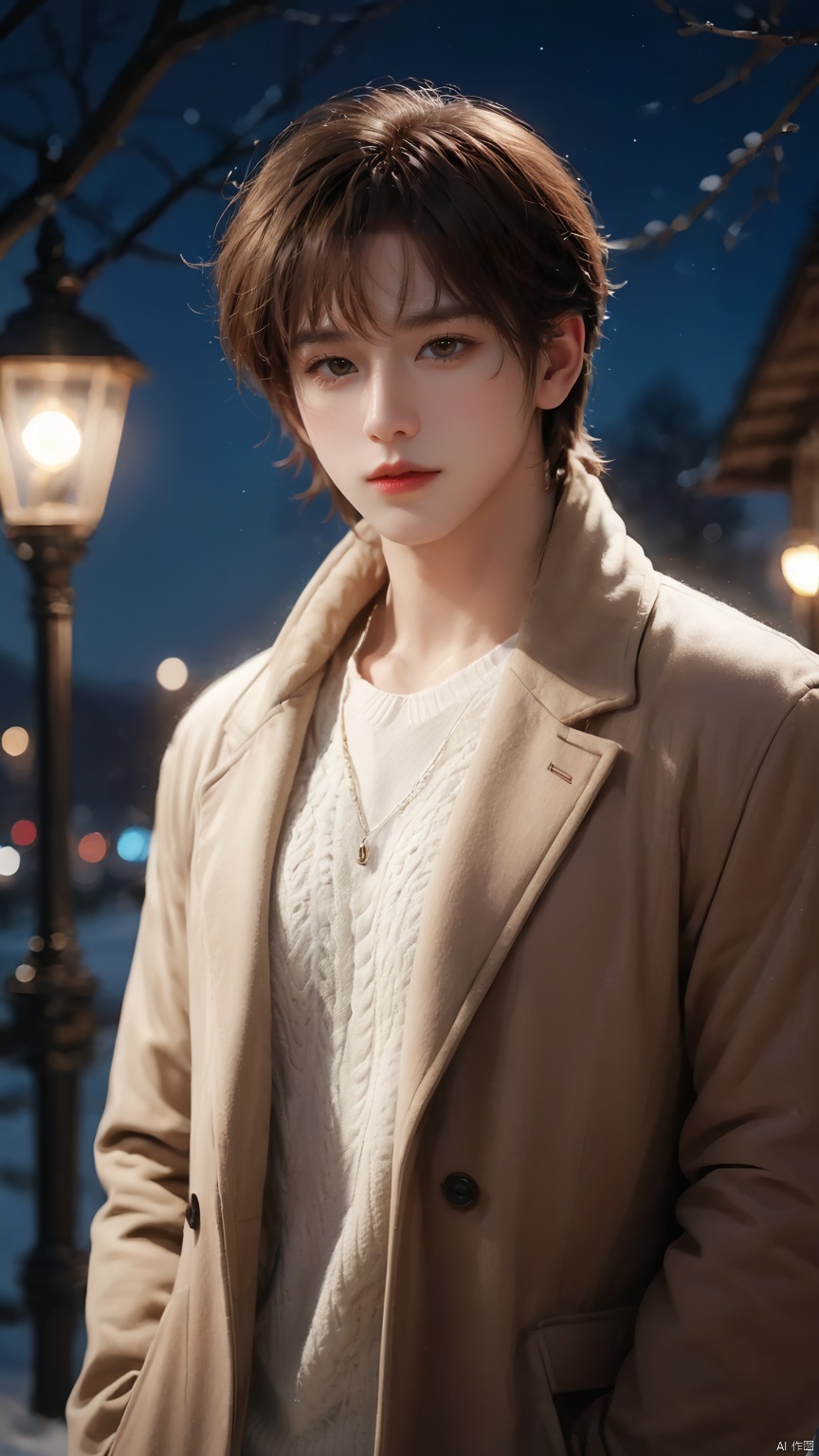  1boy,brown eyes,brown hair,coat,scarf,Bangs,outdoor,standing,White sweater,night,lamp,sweater,lips,looking at viewer,realistic,Long hair,solo, glow, BY MOONCRYPTOWOW, 1 boy