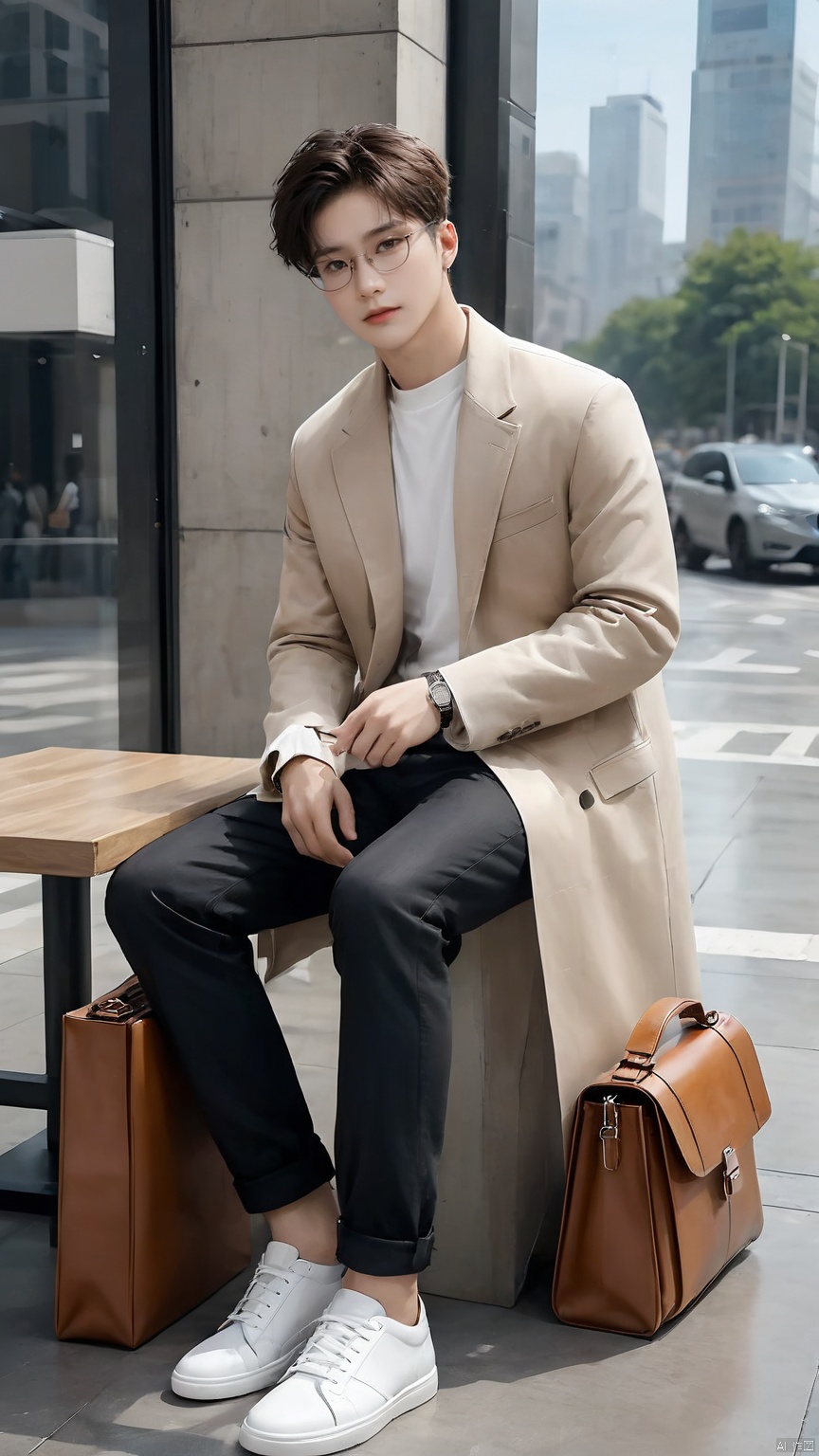 1boy, monochromatic clothing, modern architecture, mobile phone or laptop, frameless glasses, wallet, watch, high-end leather bag, flat shoes, gray tone, coffee shop, modern art museum, design studio, urban scenery, skyline, subway station, 1girl
