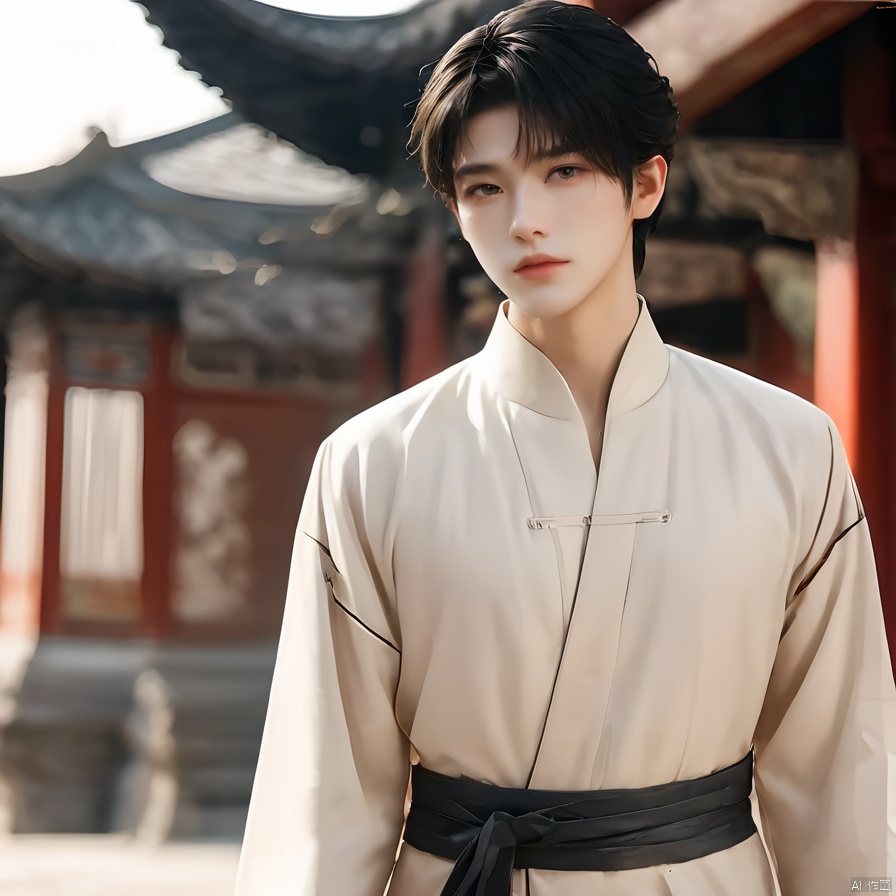 1boy,black hair,blurry background,brown eyes,chinese clothes,Short hair,ancient Chinese architecture,standing,Black Zhongshan suit,Middle split head,depth of field,floral print,lips,Long hair,solo,upper body