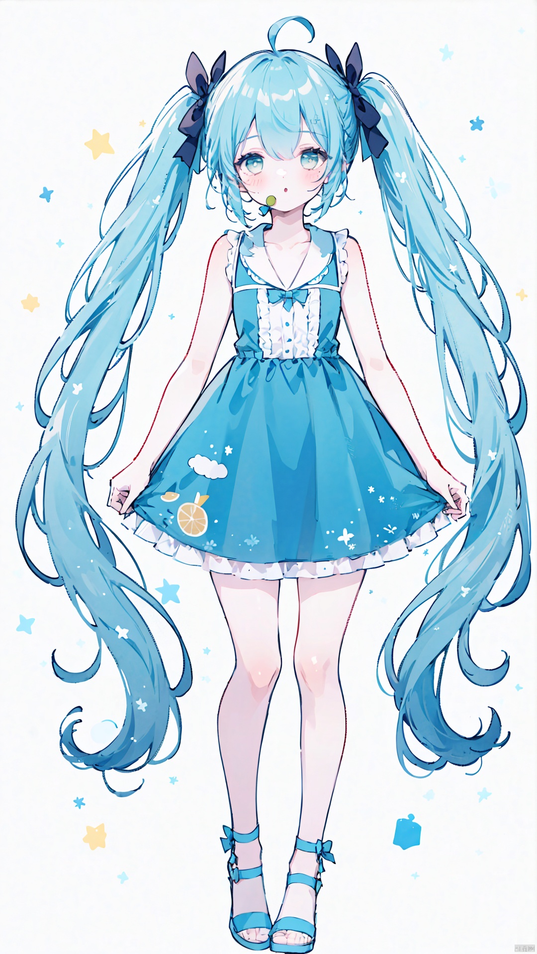 1girl, solo, twintails, food, dress, bow, green eyes, green hair, long hair, blush, mouth hold, hair bow, sandals, fruit, bangs, very long hair, full body, blue footwear, white background, collarbone, white dress, hand up, looking at viewer, bare arms, green footwear, sleeveless, hatsune miku, ahoge, sleeveless dress, green bow, covered mouth