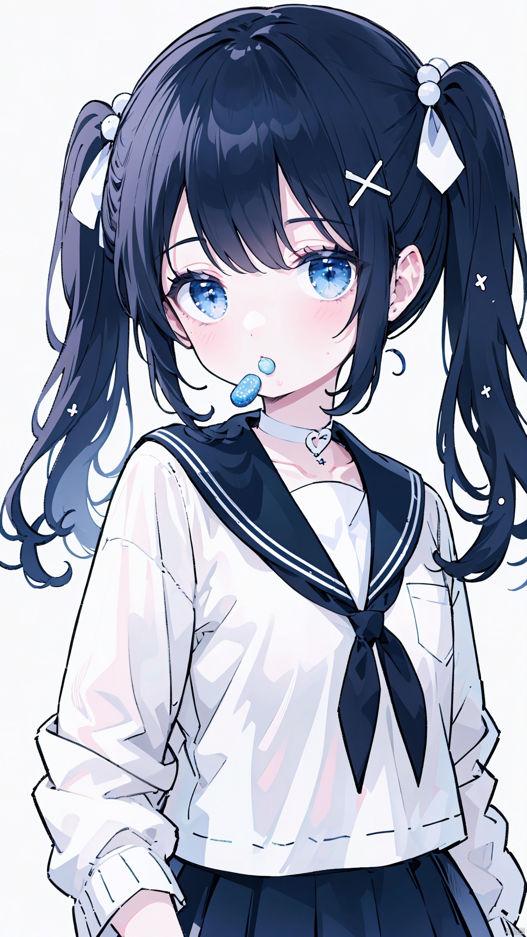 1girl, hair ornament, holding, blue nails, white background, x hair ornament, solo, twintails, white shirt, shirt, food-themed hair ornament, skirt, open clothes, food, simple background, sailor collar, black hair, long sleeves, jacket, candy, pleated skirt, bangs, open jacket, ribbon, looking at viewer, puffy long sleeves, hand in pocket, white sailor collar, doughnut, puffy sleeves, lollipop, neck ribbon, long hair, closed mouth, hairclip, mouth hold