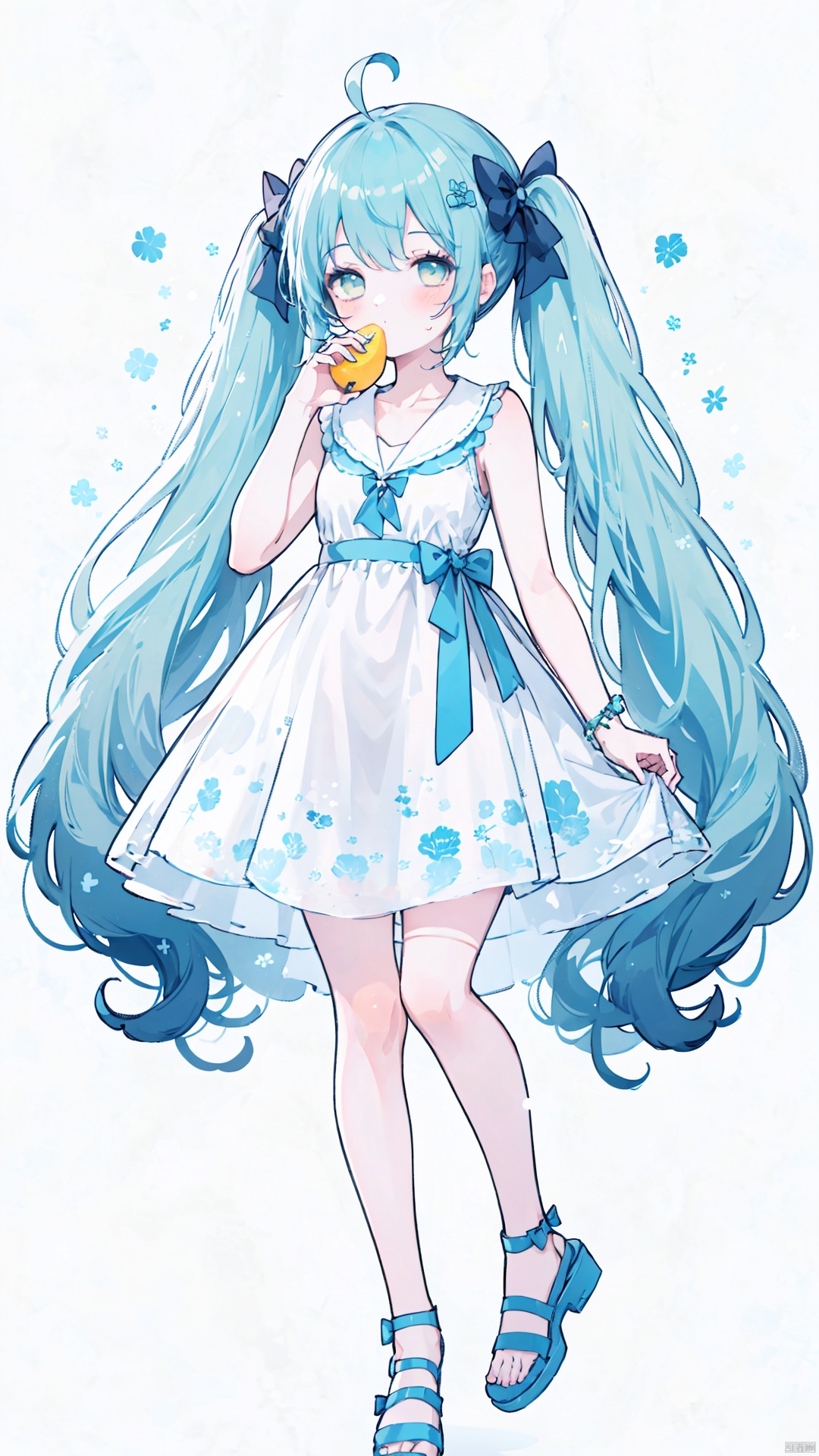 1girl, solo, twintails, food, dress, bow, green eyes, green hair, long hair, blush, mouth hold, hair bow, sandals, fruit, bangs, very long hair, full body, blue footwear, white background, collarbone, white dress, hand up, looking at viewer, bare arms, green footwear, sleeveless, hatsune miku, ahoge, sleeveless dress, green bow, covered mouth