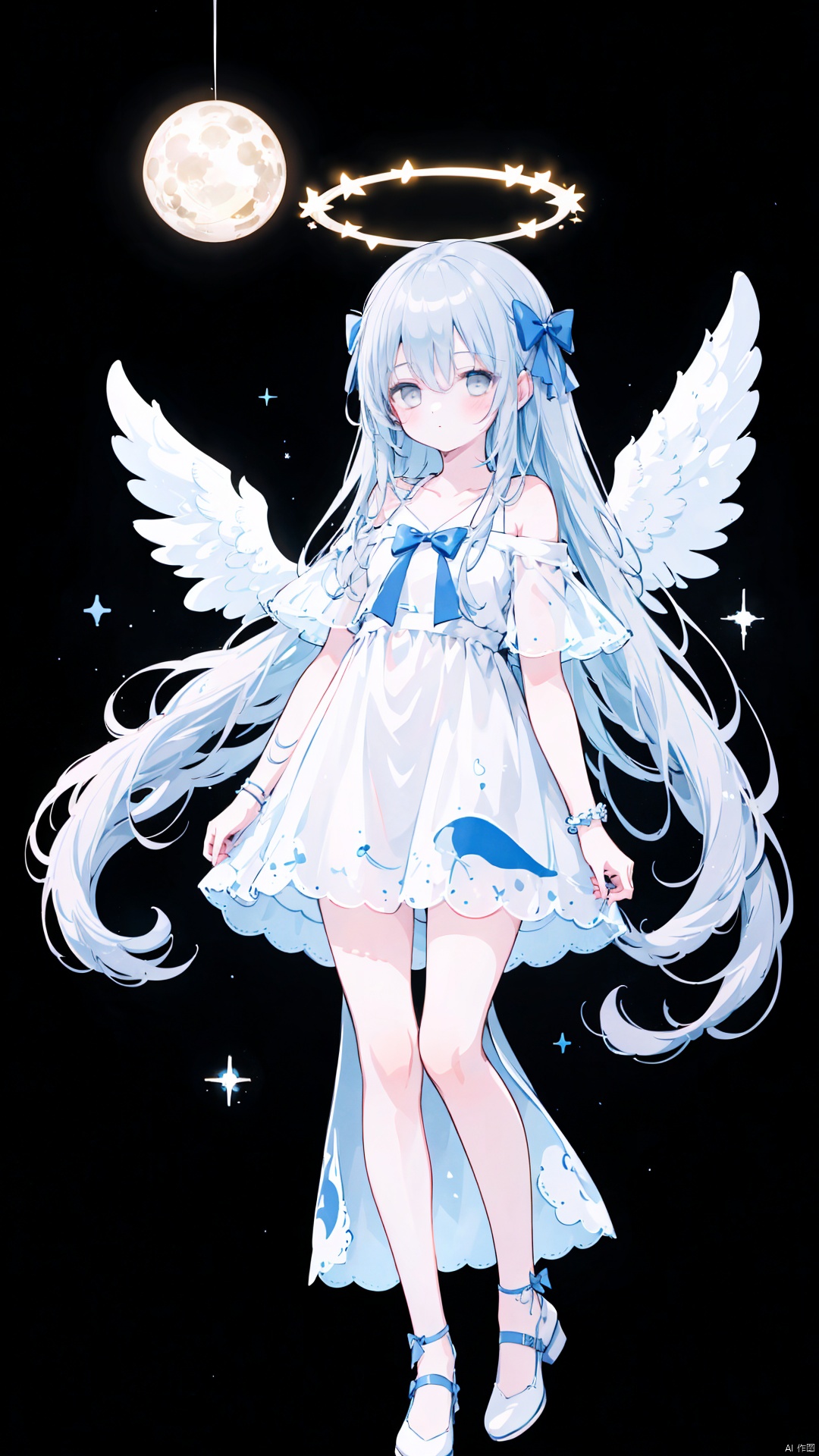 1girl, white background, solo, white dress, dress, white wings, halo, wings, crescent, feathered wings, full body, bangs, long hair, simple background, grey eyes, shoes, bow, grey hair, very long hair, puffy sleeves, blush, looking at viewer, bare shoulders, standing, hair bow, hair between eyes, off shoulder