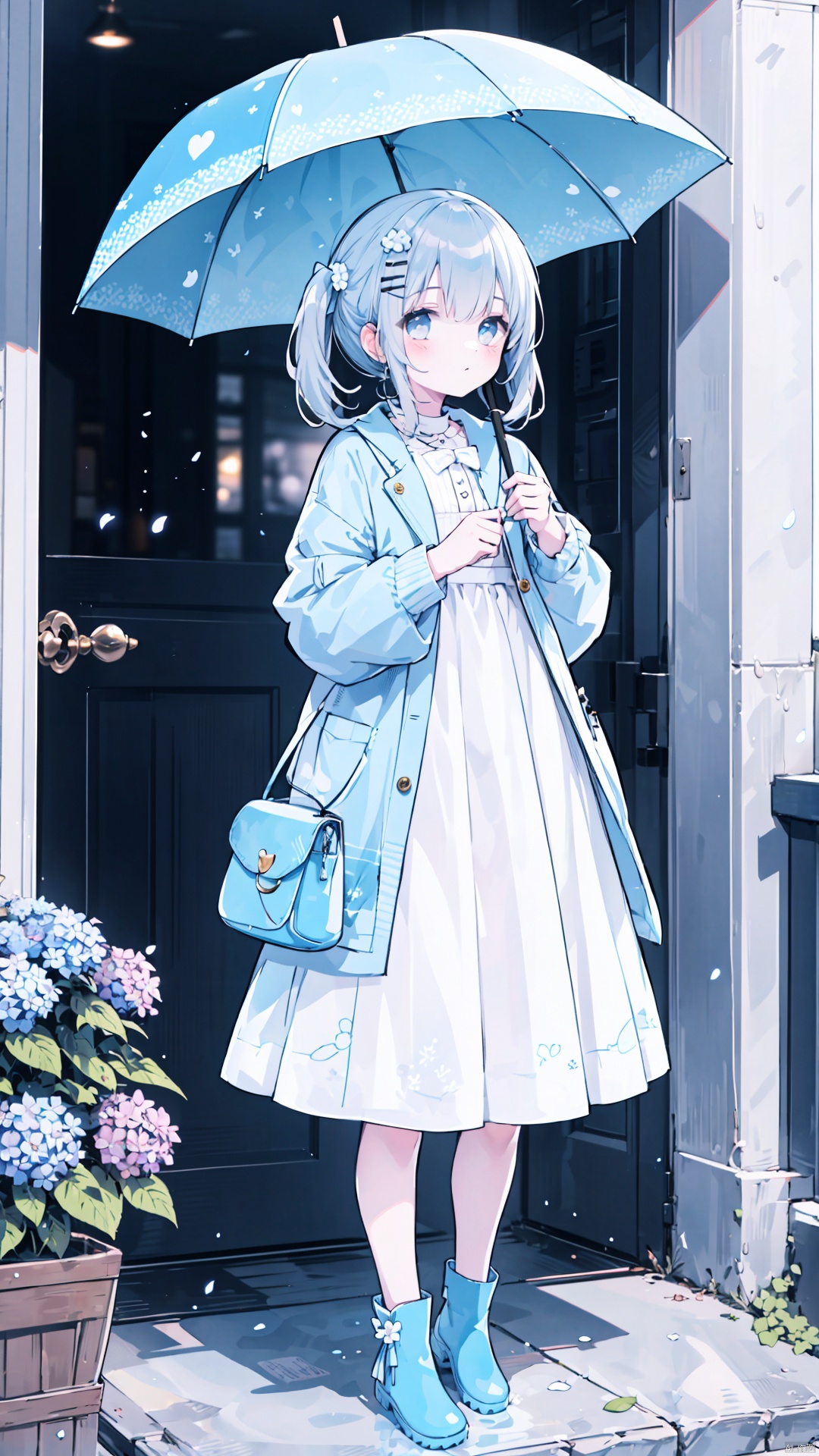 1girl, teruterubouzu, solo, boots, closed umbrella, blue jacket, jacket, umbrella, hydrangea, long hair, bangs, full body, white dress, bag, closed mouth, dress, blue footwear, holding, blush, ribbon, hair ribbon, pleated dress, hair ornament, blue flower, very long hair, flower, hair between eyes, looking at viewer, grey hair, twintails, long sleeves, shoulder bag, rubber boots, open jacket, hairclip, blue hair