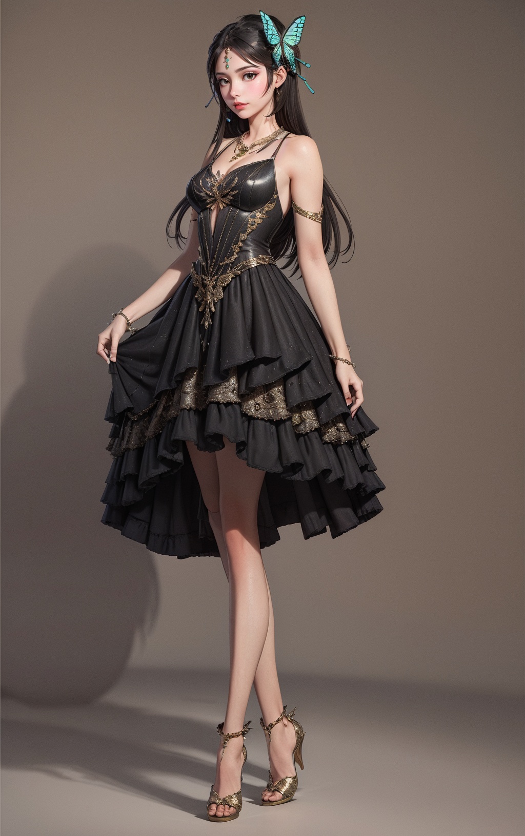 1girl,butterfly,bug,long hair,dress,green dress,hair ornament,solo,high heels,full body,bare legs,brown hair,black hair,jewelry,forehead mark,necklace,grey background, <lora:sur Mix_20240223010857-000012:0.6>