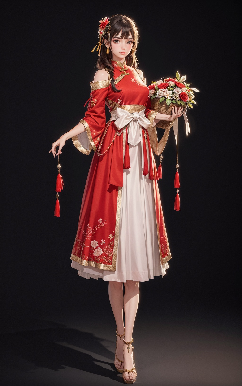 1girl,basket,solo,brown hair,long hair,flower,hair ornament,full body,hair flower,holding basket,standing,dress,holding,grey background,chinese clothes,shadow,looking at viewer,jewelry,  (extremely detailed CG unity 8k wallpaper),(((masterpiece))),(((best quality))),((ultra-detailed)),(best illustration),(best shadow), <lora:sur Mix_20240223010857:0.3>