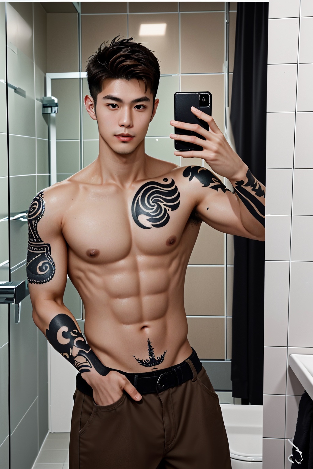 He is of mixed Italian and Taiwanese descent,  takes a selfie in the bathroom mirror,  has European and American tattoos o...