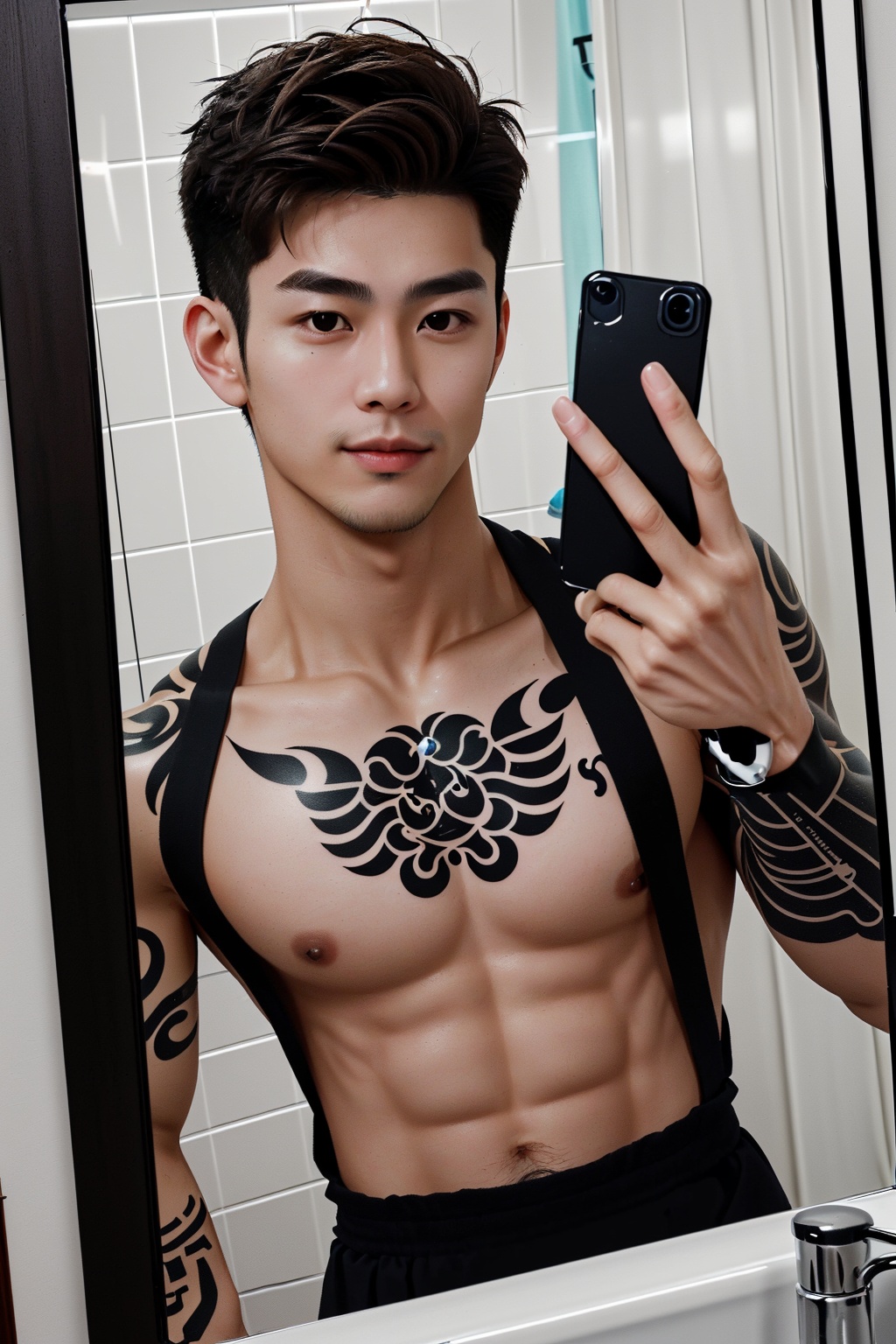 He is of mixed Italian and Taiwanese descent,  takes a selfie in the bathroom mirror,  has European and American tattoos o...