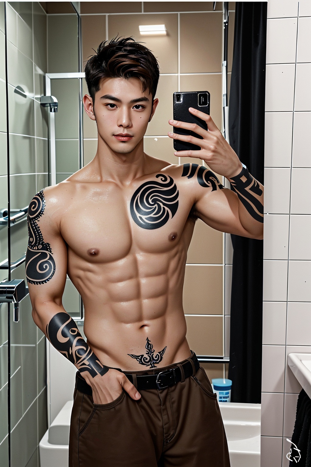 He is of mixed Italian and Taiwanese descent,  takes a selfie in the bathroom mirror,  has European and American tattoos o...