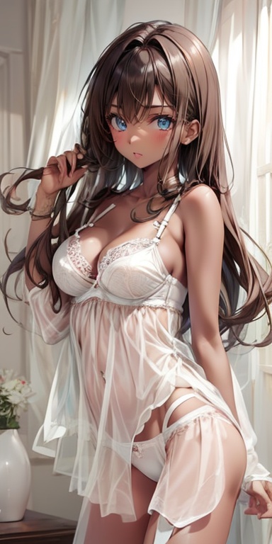 1girl solo long hair breasts brown hair medium breasts underwear panties dark skin white panties see-through lingerie lace...