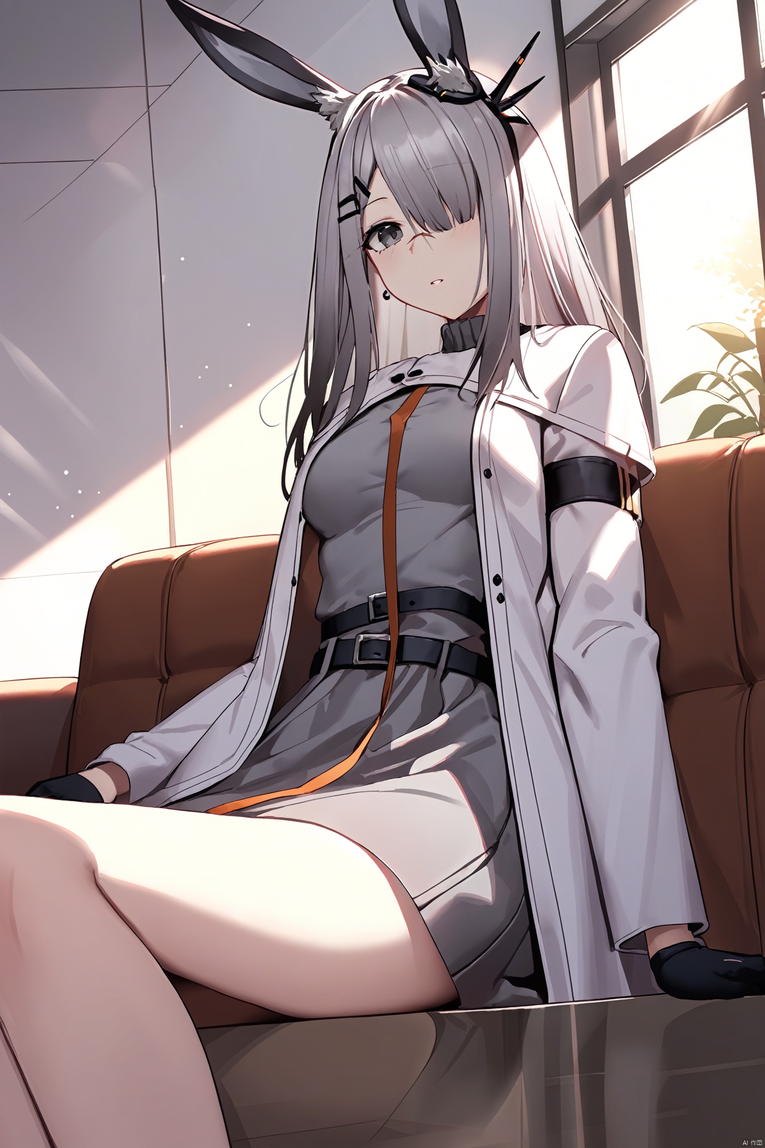  (masterpiece), (best quality), 1girl, rabbit ears,hair ornament,hair clip,grey hair, long hair,grey eyes, hair over one eye,scar on nose,white coat,open clothes,grey dress,belt,black gloves,arm band,long sleeves,medium_breasts,sitting,indoors,sofa,windos,sunlight, frostnova