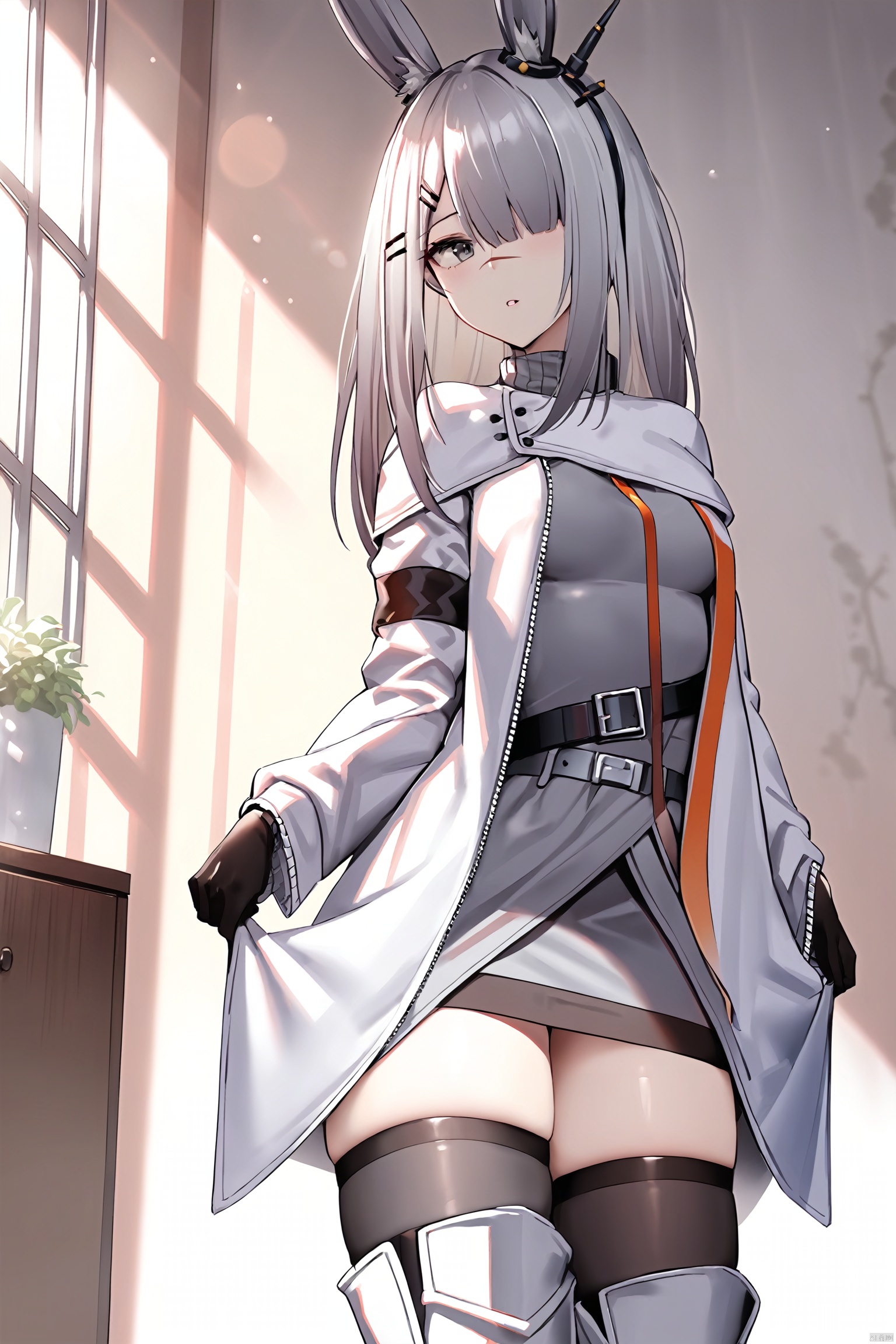  (masterpiece), (best quality), 1girl, rabbit ears,hair ornament,hair clip,grey hair, long hair,grey eyes, hair over one eye,scar on nose,white coat,open clothes,grey dress,belt,black gloves,arm band,long sleeves,medium_breasts,indoors,windos,sunlight, frostnova, (standing:1.2),thighhighs,thigh_boots,